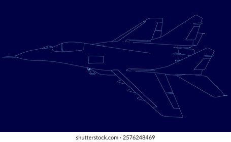 Blue airplane is shown in a blue background. The airplane is a fighter jet. The image is a computer-generated drawing of the plane