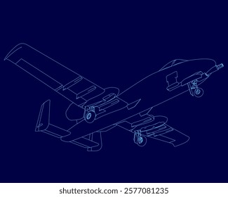 Blue airplane is shown in a blue background. The airplane is a fighter jet. The image is a drawing of the plane