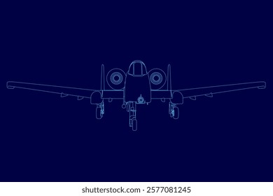 Blue airplane is shown in a blue background. The airplane is a fighter jet. The image is a drawing of the plane