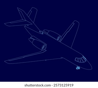 Blue airplane is shown in a blue background. The airplane is a jetliner with a large wing and a small wing on the tail. The airplane is in the middle of the image