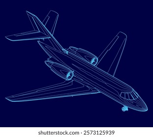 Blue airplane is shown in a blue background. The airplane is a jetliner and is shown in a stylized way