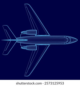 Blue airplane is shown in a blue background. The airplane is a jetliner with a large wing and a small wing on the tail. The airplane is shown in a stylized way