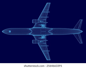 Blue airplane is shown in a blue background. The airplane is a large jetliner with a long body and a pointed nose. The image is a wireframe of the airplane