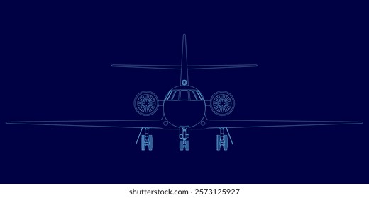 Blue airplane is shown in the background on the runway. The image has a futuristic and technological feel to it