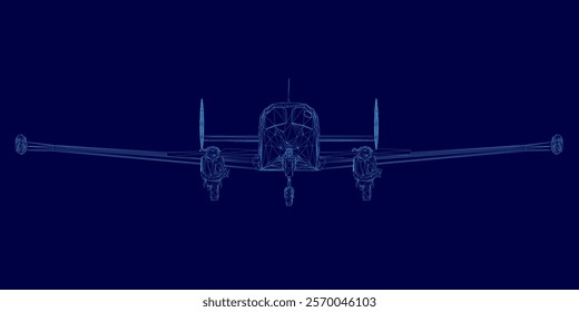 Blue airplane is shown in a blue background. The airplane is a small propeller plane. The image is a stylized representation of an airplane