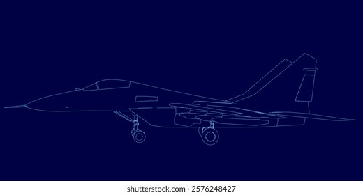 Blue airplane is shown in a black background. The image is a stylized representation of the plane, with the wings and tail visible. Scene is one of futuristic technology and advanced engineering