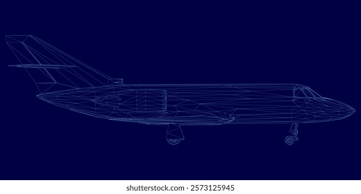 Blue airplane is shown in a computer generated image. The image is a stylized representation of the plane, with the tail section being the most prominent feature. The image has a futuristic