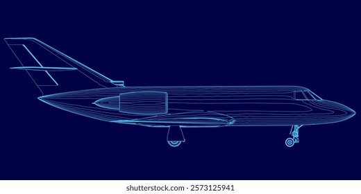 Blue airplane is shown in a computerized drawing. The image is of a jet fighter plane, with its wings and tail visible. The blue color of the plane gives it a sleek and modern appearance