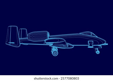 Blue airplane is shown in a blue drawing. The airplane is a fighter jet and is shown in a stylized way. Scene is one of excitement and adventure