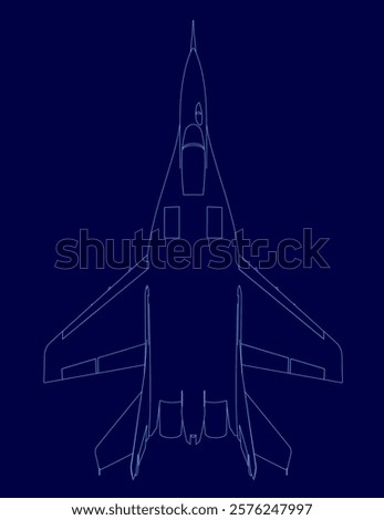 Blue airplane is shown in a blue drawing. The airplane is a fighter jet and is shown in a stylized way. Scene is one of excitement and adventure