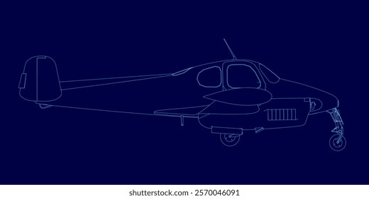 Blue airplane is shown in a blue drawing. The airplane is a small propeller plane with a single engine. The drawing is of a stylized version of the plane