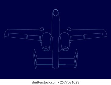 Blue airplane is shown in a blue drawing. The airplane is a small propeller plane with two engines. The drawing is of a close up of the plane's body, showing the details of the wings