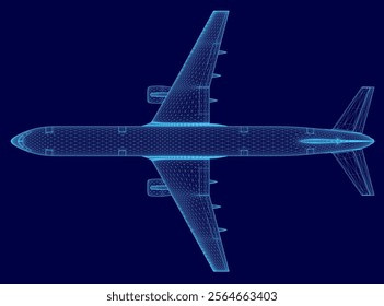 Blue airplane is shown. The image is of a large jetliner with a blue color scheme. The airplane is shown in a very detailed and realistic manner