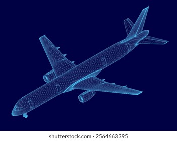 Blue airplane is shown image. The image is of a very detailed airplane, with the wings and tail visible. The image has a futuristic and technological feel to it