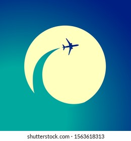 Blue airplane with airplane stream jet on a yellow circle background. Illustration for logo, poster, print and web projects travel agencies, aviation companies.