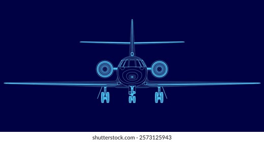 Blue airplane with a tail and a engine. The plane is in the air and is about to land