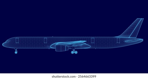 Blue airplane with a tail is shown in a blue background. The airplane is shown in a very detailed and pixelated way, giving it a futuristic appearance. Concept of technology and innovation