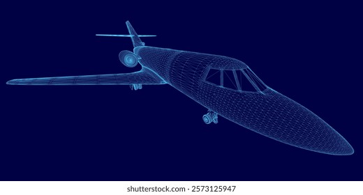 Blue airplane with a tail is shown in a blue background. The image is a computer-generated rendering of the plane, giving it a futuristic and sleek appearance