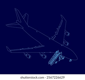 Blue airplane with a tail and steps. The airplane is on the ground and has a ramp leading up to it