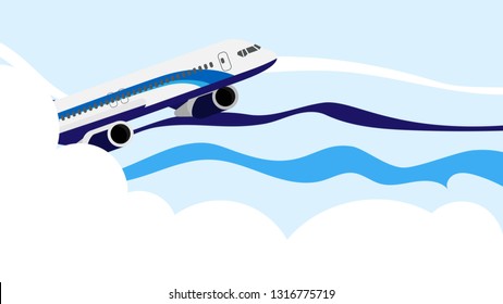 Blue airplane is taking off into the sky above the cloud level in blue sky