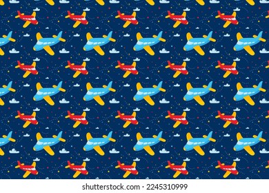 Blue airplane toy pattern design. Boys fabric print with airplane, clouds and stars. Baby boy pattern design