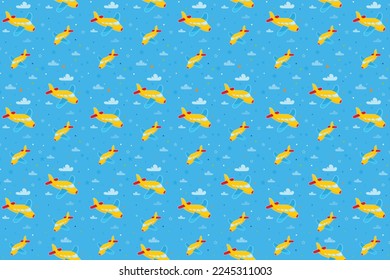 Blue airplane toy pattern design. Boys fabric print with airplane, clouds and stars. Baby boy pattern design