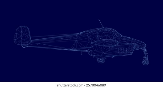 Blue airplane wireframe. The image is of airplane, and it is a very detailed and intricate design. Scene is one of awe and wonder