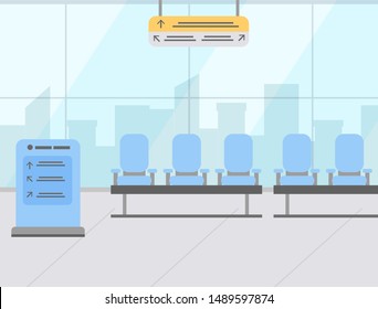 Blue airport seats in waiting area and wayfinding signage flat design. Panoramic windows view. Hall departure lounge modern terminal concept. Vector illustration in flat cartoon style