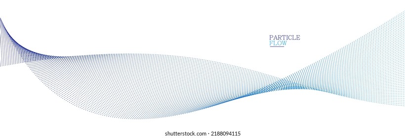 Blue airy particles flow vector design, abstract background with wave of flowing dots array, digital futuristic illustration, nano technology theme.