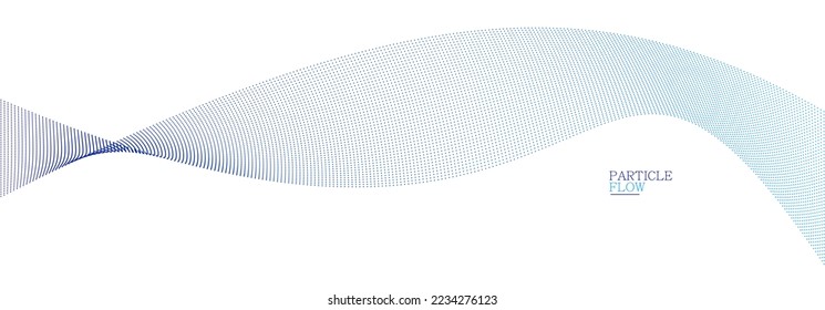 Blue airy particles flow vector design, abstract background with wave of flowing dots array, digital futuristic illustration, nano technology theme.