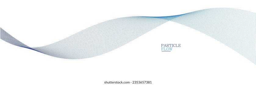 Blue airy particles flow vector design, abstract background with wave of flowing dots array, digital futuristic illustration, nano technology theme.