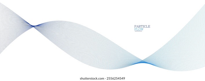 Blue airy particles flow vector design, abstract background with wave of flowing dots array, digital futuristic illustration, nano technology theme.