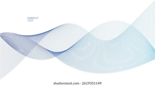 Blue airy particles flow vector design, abstract background with wave of flowing dots array, digital futuristic illustration, nano technology theme.