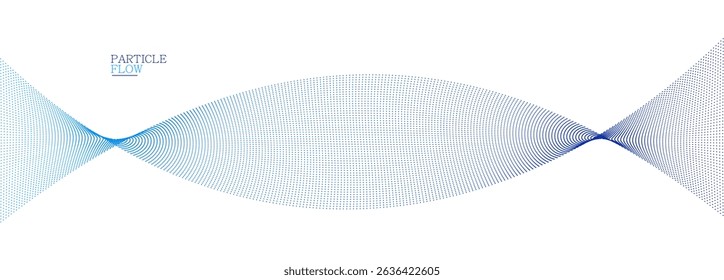 Blue airy particles flow vector design, abstract background with wave of flowing dots array, digital futuristic illustration, nano technology theme.