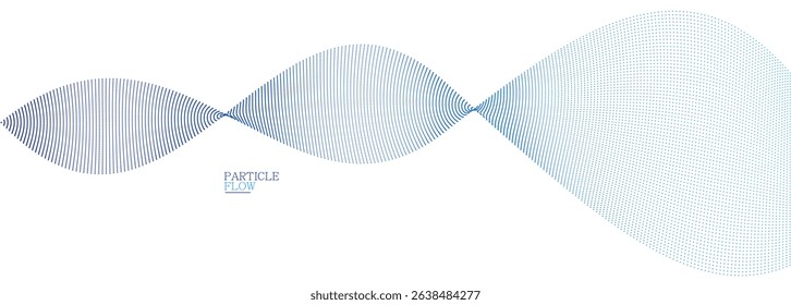 Blue airy particles flow vector design, abstract background with wave of flowing dots array, digital futuristic illustration, nano technology theme.
