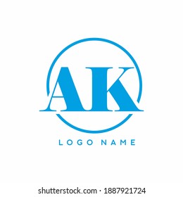 Letra inicial de AK azul en la plantilla de logotipo de vector editable en círculo