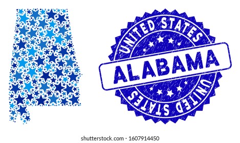 Blue Alabama State map collage of stars, and scratched rounded stamp seal. Abstract geographic scheme in blue color tones. Vector Alabama State map is shaped of blue stars.