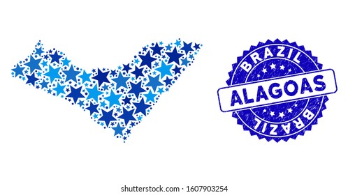Blue Alagoas State map mosaic of stars, and textured round stamp seal. Abstract territorial plan in blue color hues. Vector Alagoas State map is composed of blue stars.