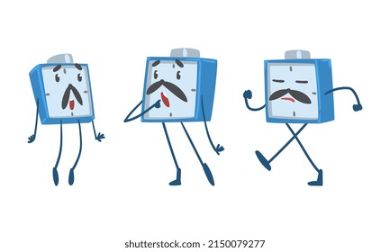 Blue Alarm Clock Character Gasping in Surprise and Walking Vector Illustration Set