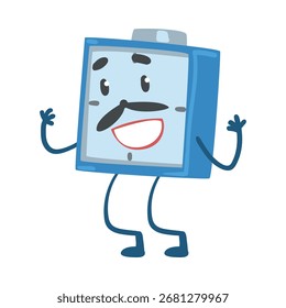 Personaje de reloj de alarma azul de pie y sonriente Ilustración vectorial