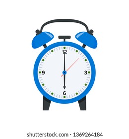 Blue alarm clock displaying six o clock in flat style illustration. Wake up symbol. Vector 6 o clock icon