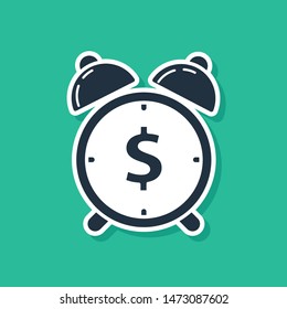 Blue Alarm clock with dollar symbol icon isolated on green background. Time is money. Effective time management. Business concept.  Vector Illustration