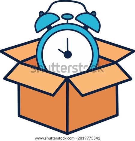 Blue alarm clock emerging from an open cardboard box symbolizes delivery time, express shipping, logistics, order deadlines, scheduled dispatch and parcel arrival.