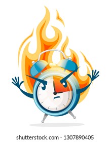 Blue alarm clock in a fire. Burning clock. Deadline concept. Cartoon character design. Flat vector illustration isolated on white background.