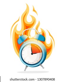 Blue alarm clock in a fire. Burning clock. Deadline concept. Flat vector illustration isolated on white background.