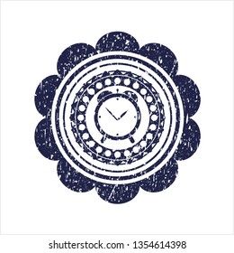 Blue alarm clock icon inside distress with rubber seal texture