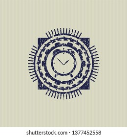 Blue alarm clock icon inside distress rubber grunge seal