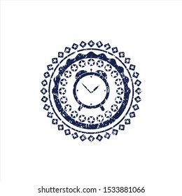 Blue alarm clock icon inside distress rubber grunge texture seal