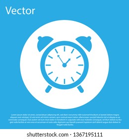 Blue Alarm clock icon isolated on blue background. Wake up, get up concept. Time sign. White circle button. Flat design. Vector Illustration