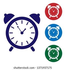 Blue Alarm clock icon isolated on white background. Wake up, get up concept. Time sign. Set color icon in circle buttons. Vector Illustration